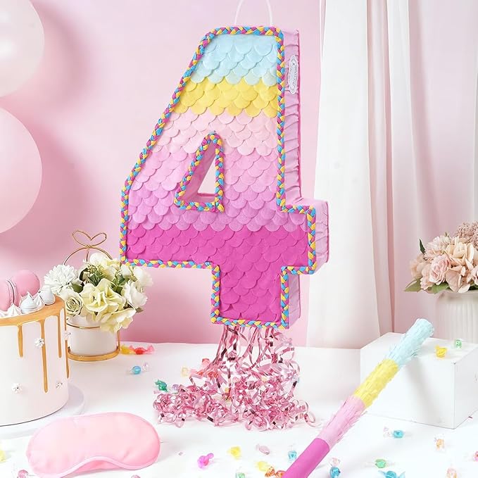 WERNNSAI Pink Sweet Four Piñata - Number 4 Piñata Happy Birthday Decoration Pink Rainbow Design Party Games for Girl Princess Baby Shower Party Favor with Blindfold Anniversary Celebration Supplies