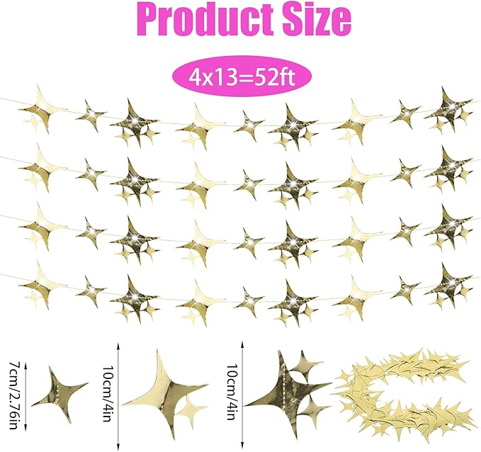 Glitter Gold Star Garland Banner, 52 Feet Twinkle Star Hanging Bunting Banner Backdrop for Wedding Birthday Baby Shower Graduation Christmas Party Decorations(Gold)