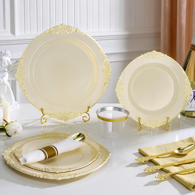 350PCS Ivory Plastic Plates for 50 Guests, Disposable Dinnerware Sets Include 100 Gold Rim Plastic Plates, 50 Silverwares, 50 Cups, and 50 Pre Rolled Napkins for Party, Wedding, Graduation