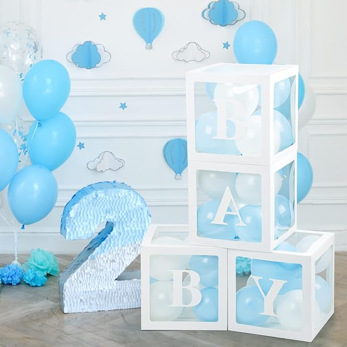 Baby Boxes with Letters for Baby Shower, 4 Transparent Balloon Boxes with Letters for Gender Reveal Birthday Wedding Baby Shower Decorations(Blue and White Balloons)