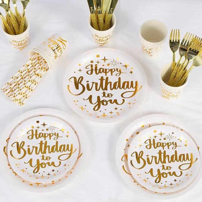 201 Pieces Birthday Plate Set, Birthday Decorations, Includes Paper Plates, Paper Cups, Straws, Napkins, Tablecloths, and Plastic Knives, Forks, and Spoons, Suitable for parties of 25 people!（White）
