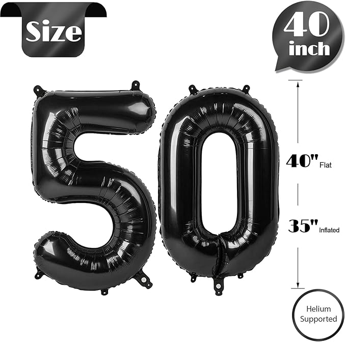 50 Balloon Number, Black Number 50th Birthday Balloons 40 Inch, 50 Years Old Black Birthday Decorations for Men Women, 50th Anniversary Decorations