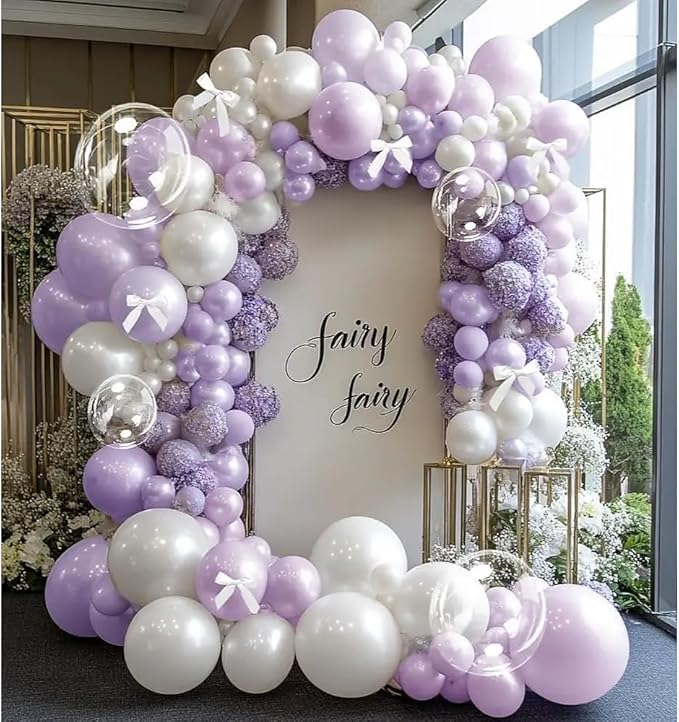 Purple White Balloon Garland Double Stuffed Pearl Pastel White Light Purple Lavender Lilac Balloons with Bow Clear Balloon Arch Kit for Wedding Bridal Baby Shower Birthday Butterfly Fairy Decor