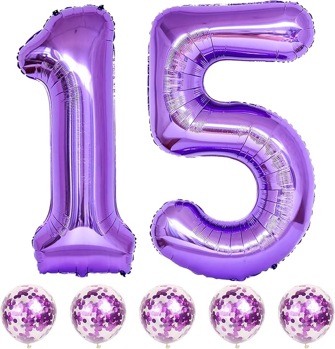 15th Birthday Balloons for Girls, 15 Inch Giant Purple Foil Number 15 Balloons with Purple Confetti Balloons Kit, Digit 1 & 5 Helium Balloons for Boys Women Men 15th 51st Anniversary Party Decorations