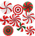 9 Pcs Christmas Party Decorations, Red and Green Hanging Candy Paper Fans Candy Cane Wall Ceiling Decor for Xmas Party, Classroom, Office, Birthday