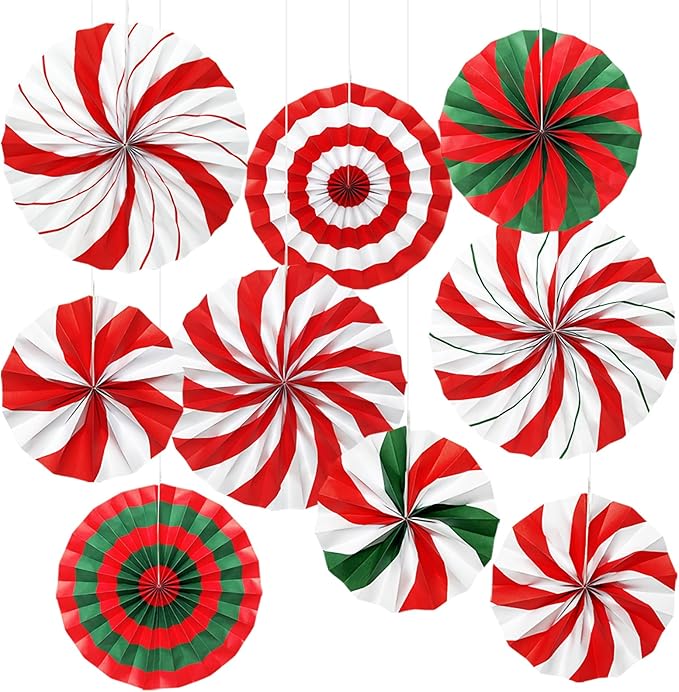 9 Pcs Christmas Party Decorations, Red and Green Hanging Candy Paper Fans Candy Cane Wall Ceiling Decor for Xmas Party, Classroom, Office, Birthday