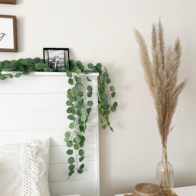 CQURE 66Pcs Eucalyptus Garland,Artificial Eucalyptus Leaves Table Greenery Garland Wreath Vines for Wedding Party Table Fireplace Wall Room Decor