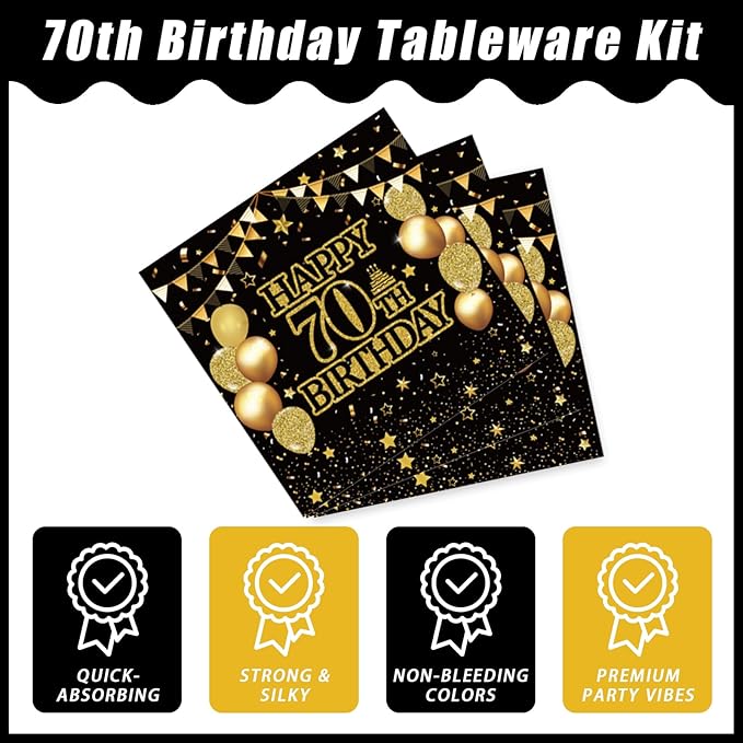 96Pcs 70th Birthday Party Tableware Set, Back in 1956 Birthday Party Decorations Supplies for Men Women Cheers to 70 Years Disposable Paper Plates Napkins Forks Favors, Serve 24