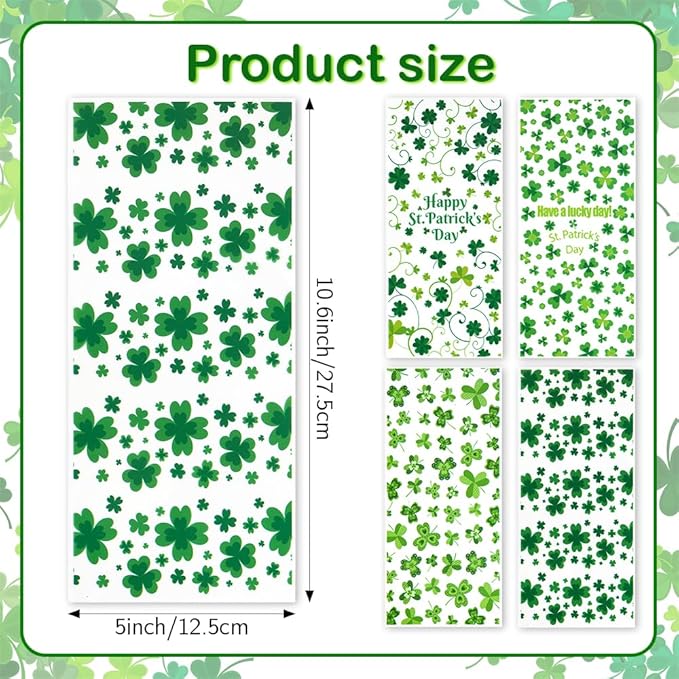 eowqeiur 100 PCS St Patricks Day Treat Bags(5x11 Inch) Green Shanrock Cellophane Bags for Cookie Candy Goodie Goody Snack Gifts Wrap Clover Spring Baggies Pouch St Patricks Party Favors Supplies