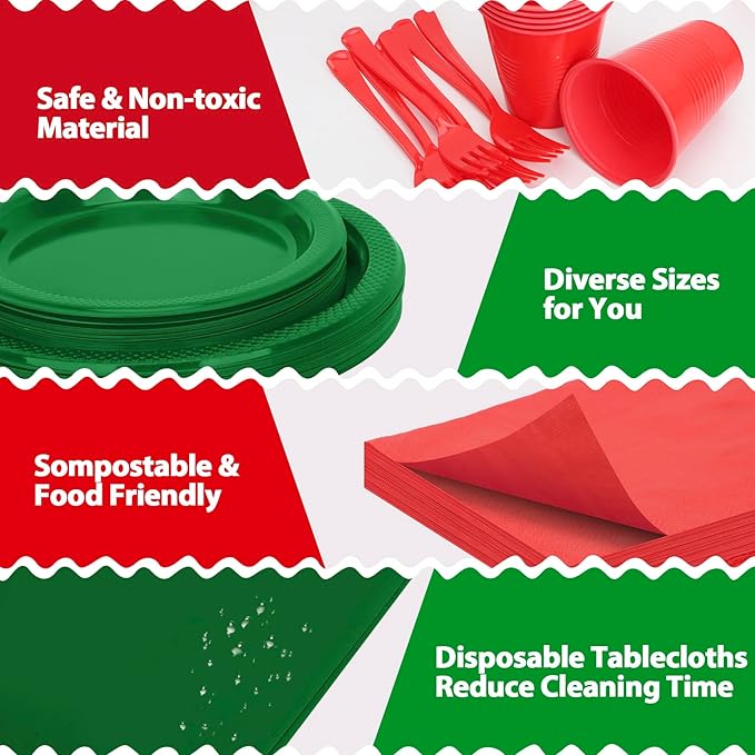 Red and Green Plastic Plates for Party,Disposable Tableware Kit with 50 9'' Plates,50 7'' Dessert Plates,50 Napkins,50 Forks,50 Cups & 2 Tablecloths for Birthday,Picnic,Christmas