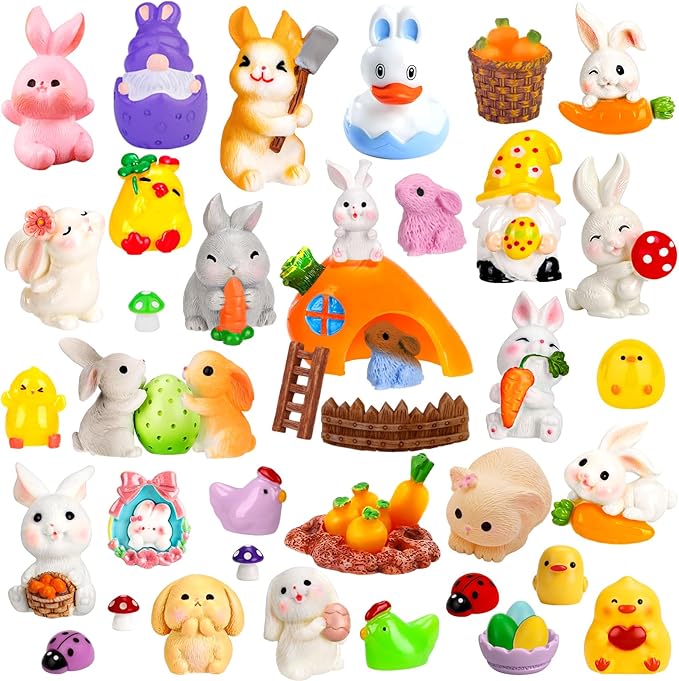 50 Pcs Easter Mini Resin Figurines Miniature Farm Animals Small Bunny Chick Tiny Little Gnome Figurine for Dollhouse Easter Village Egg Fillers Fairy Garden Decor Party Favors