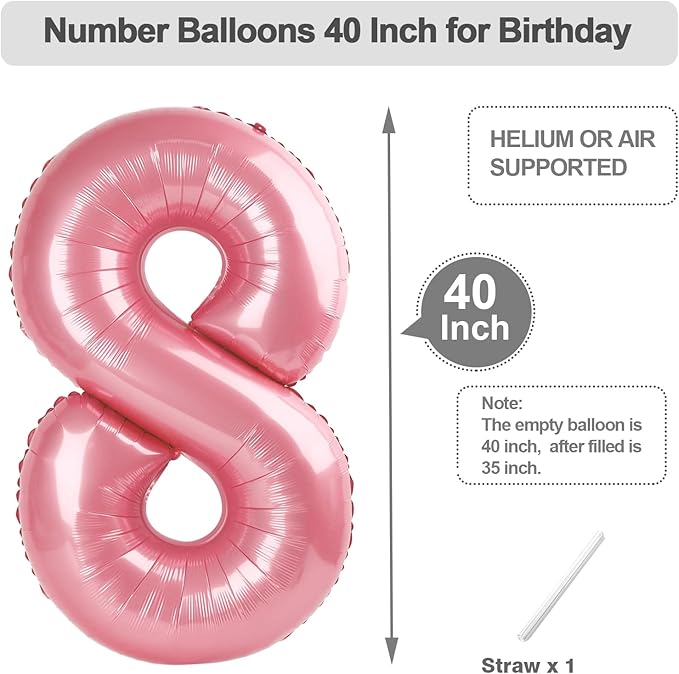 Balloons 8 Numbers, 40 Inch Pearl Pink Foil Large Ballon for Women And Men, Balloons Decoration for Happy 8 18 28 80 Birthday, Wedding Anniversary, New Year, Single Party Decoration