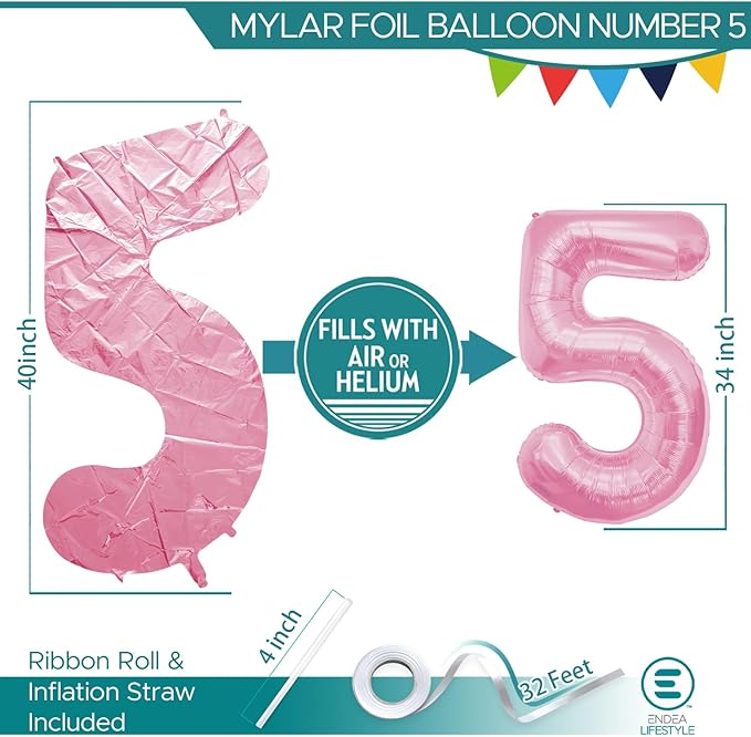 40 Inch Large Pink Number Celebration and Decoration Balloon for Birthday Parties, Graduations, Anniversaries, Weddings, Photo Shoots, Special Events - Helium Foil Mylar (Pink Number 5)