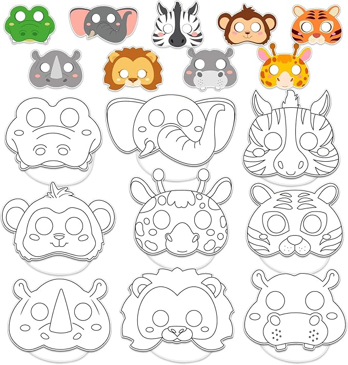 36 Set Animal Coloring Mask Jungle Paper Arts Crafts Kids Color Your Own Wild Lion Blank DIY Mask Masquerade Birthday Party Dress-Up Decoration Favor School Classroom Activity Game Supplies