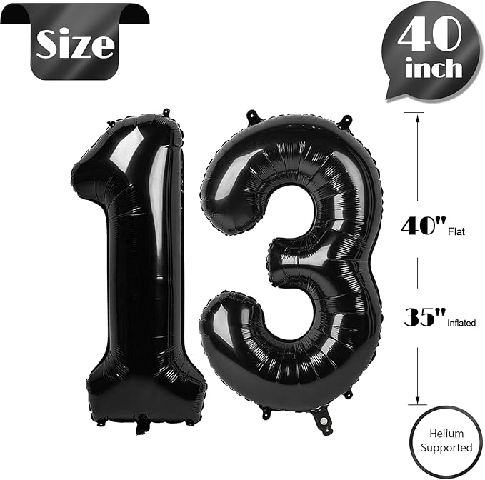 Black Number 13 Balloon 40 inch, 13 Number Balloons, 13th Black Birthday Decorations, 13 Year Old Girls Boys Party Supplies