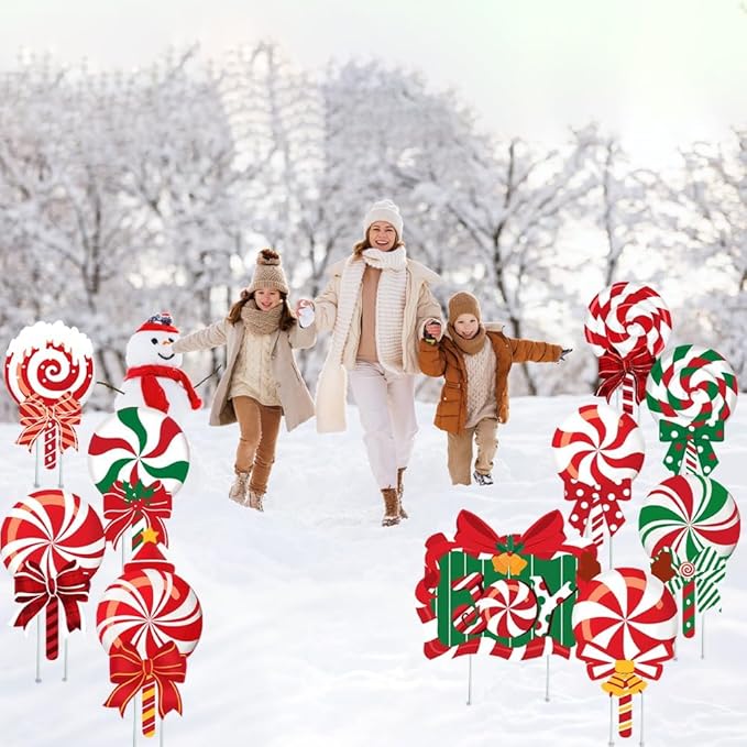 JOICEE 13pcs Christmas Outdoor Yard Signs Candy Decorations with LED Lights, Peppermint Lollipop Candy Signs with Stakes for Holiday Party Home Lawn Pathway Decorations Supplies