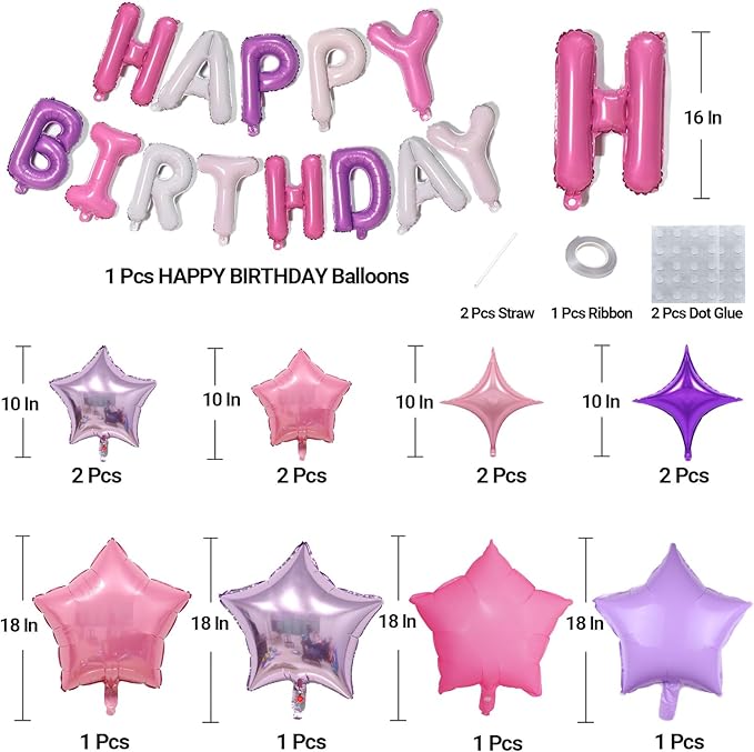 KALOR Purple and Pink Happy Birthday Balloons Kit with 16 Inch Mylar Foil Letters Balloon and Star Balloons for Birthday Party Decorations Photo Booth Backdrop