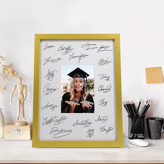 GraduatePro 11x14 Graduation Signature Board Picture Frame with 5x7 Mat for Wedding Birthday Guest Book Signing, Gold Frame with White Mat