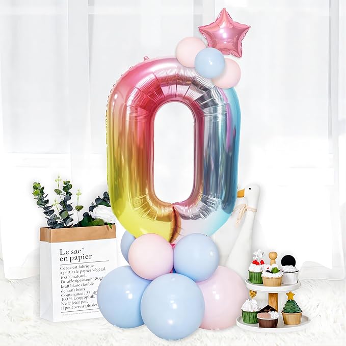 40 Inch Giant Rainbow Number 0 Balloons, Birthday Balloons, Helium Mylar Foil Big Number Balloons for Birthday Party Decorations, Kids' Birthday Anniversary Party Baby Shower Unicorn Parties