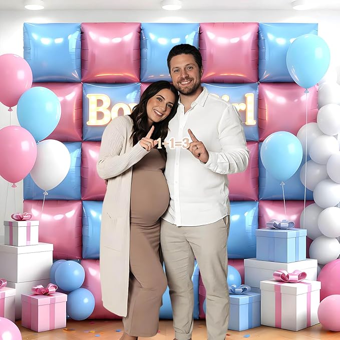 36Pcs Pink and Blue Square Foil Balloons Wall Backdrop, Double Sided Metallic Foil Balloons Tunnel Arch Garland Kit for Photo Booth Birthday Wedding Halloween Christmas Party Decorations