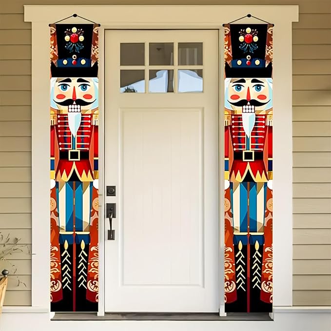 Christmas Door Banner Set 12x71 Inch Nutcracker Soldier Vertical Porch Hanging Sign Indoor Outdoor Polyester Holiday Entryway Decoration Seasonal Photo Backdrop