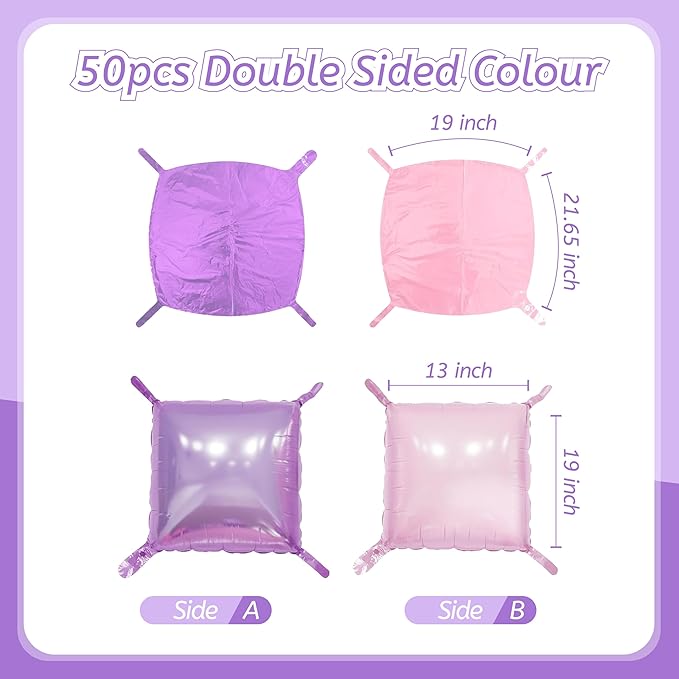 50PCS Pink and Purple Square Foil Balloon Wal Backdrop with Reusable DIY Mylar Double Side Balloons Garland Tunnel Arch Kit for Anniversary Bachelorette Game Engagement Halloween Party Decor