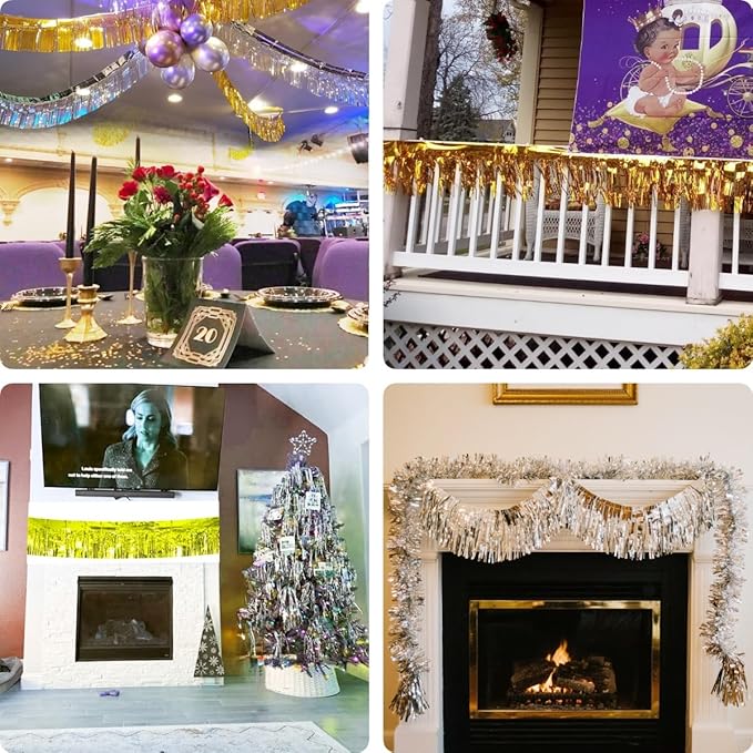 3 Pack Gold Total 30 Feet Foil Fringe Garland Metallic Tinsel Banner Wall Hanging Drapes Parade Float Skirting Decorations for Trailer Mardi Gras Party Birthday Wedding Baby Shower (Gold)