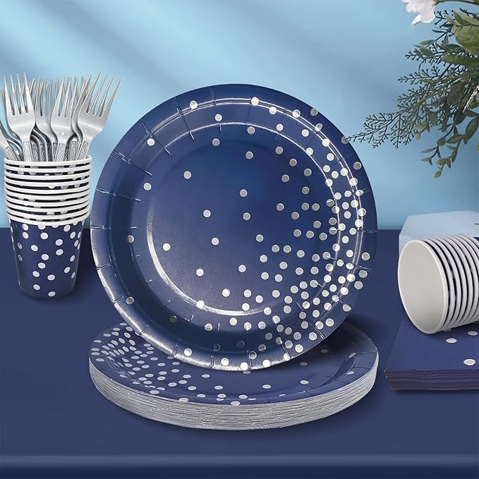Serve 25 Guests Navy Blue Plates and Napkins Party Supplies,Blue and Silver Birthday Plates Napkins Cups Tablecloth Disposable