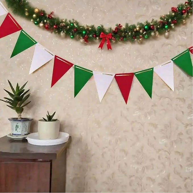 Red White and Green Pennant Banner Christmas Paper Triangle Flag Hanging Decoration for Wedding Birthday Baby Shower Family Party（36pcs Triangle Flag）