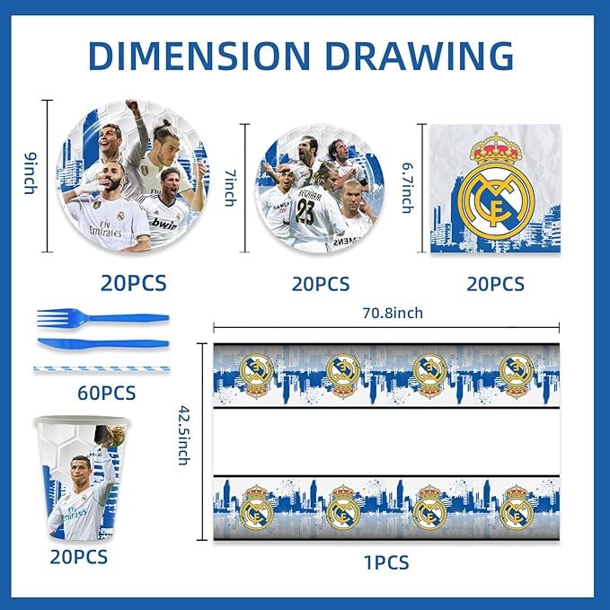 141pcs Real-Madrid Birthday Tableware Decorations Party Plates Cups Soccer Theme Napkins Beach Ball Tablecloth for Soccer Party Decoration (Real)