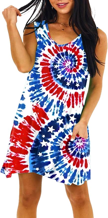 Deerose Women 4th of July Sleeeveless Dress Patriotic V Neck Tank Dresses with Pockets