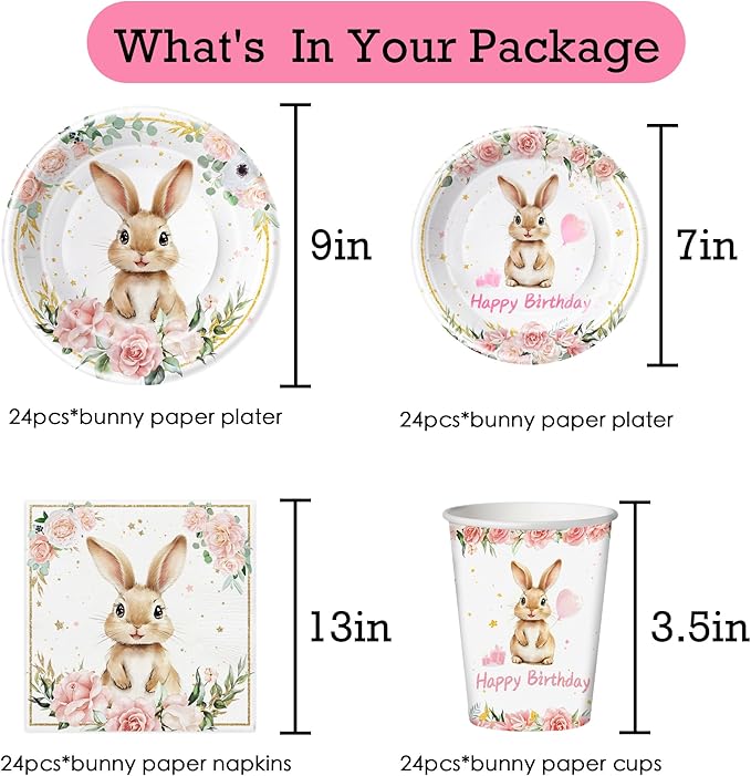 Bunny Birthday Decorations Tableware, Bunny Party Supplies, Paper Plate, Cup, Napkin, Tablecloth, Cutlery, Rabbit Bunny Party Decorations For Easter 1st 2nd Birthday, Serves 24
