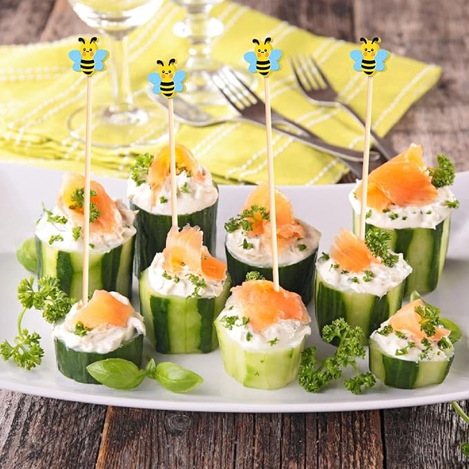 100Pcs Bee Cocktail Picks Cute Honeybee Theme Baby Shower Springtime Decor Long Toothpicks Fruit Sticks Skewers for Appetizer Charcuterie Food Garnish, Spring Decorations Themed Party Supplies
