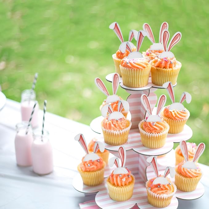 Ercadio 40Pcs Edible Easter Bunny Ear Cupcake Toppers Edible Rabbit Ears Cupcake Picks Drink Toppers for Easter Rabbit Theme Baby Shower Kids Boys Girls Birthday Party Cupcake Decorations Supplies