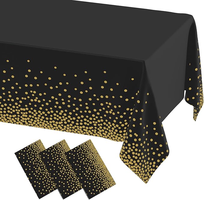 misaya 3 Packs Dot Disposable Table Cloth, 54 x 108 Inch Waterproof Plastic Tablecloth, Rectangle Gold Dots in Black Table Covers for Easter, Picnic, Birthday, Party