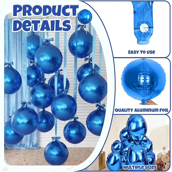 Biapian 12Pcs Dark Blue Round Foil Balloons, 22" 18" 15" 10" 4D Round Ball Shaped Balloon, Big Blue Metallic Balloons for Birthday Party Baby Shower Graduation New Year Eve Disco Decorations Supplies