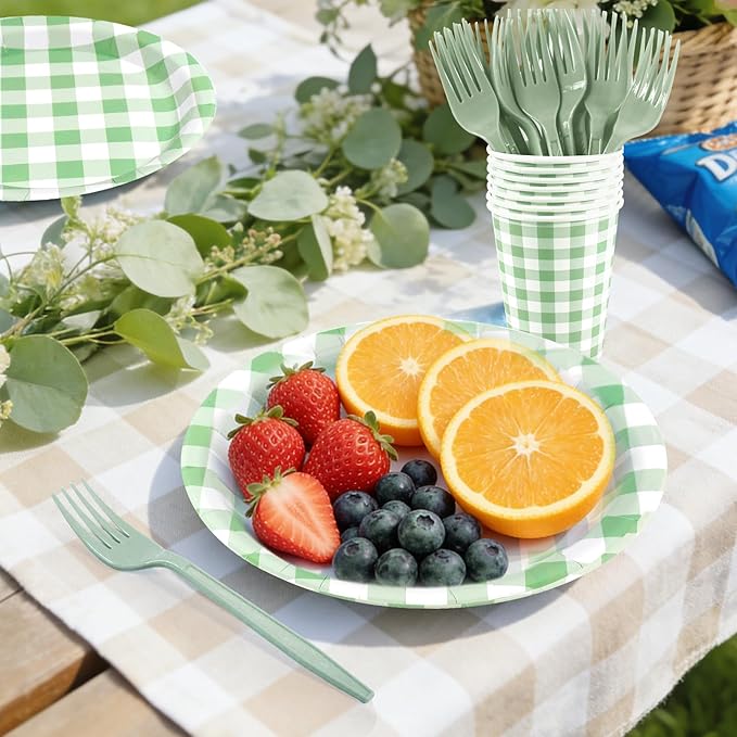 Green Gingham Disposable Party Tableware Set for 30 Guests – 9 & 7 Inch Paper Plates, Cups, Napkins and Forks, Green Checkered Paper Dinnerware for Birthday, Picnic, Baby Shower, Outdoor Gatherings