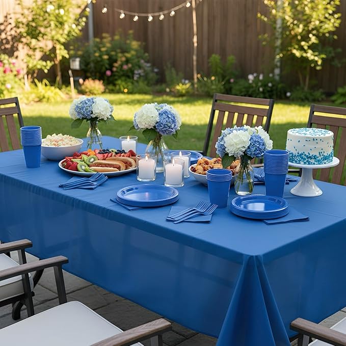 Blue Plastic Plates for Party,100 Guest Disposable Plastic Plate Set 9" Plates,7" Dessert Plates,Napkins,Cups,Forks & Tablecloth for Birthday,Graduation,Picnic,Summer Activities