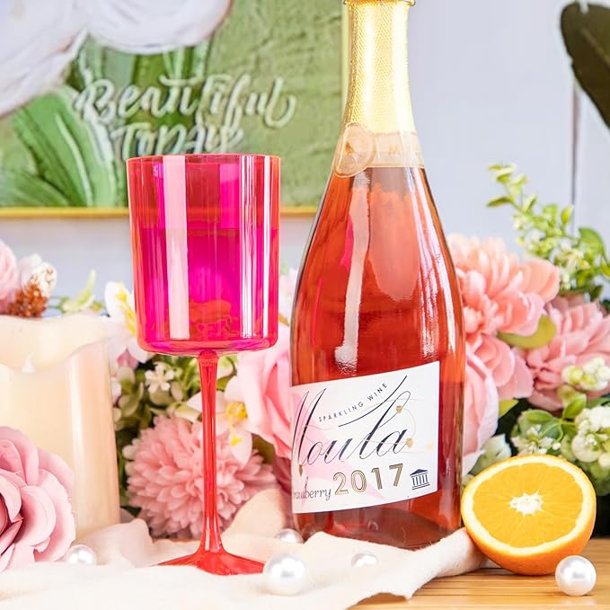Ciaell 12 Pack Plastic Wine Glasses - 10Oz Hot Pink Plastic Wine Glasses With Stem - Disposable Stemmed Cups for Parties & Weddings & Easter