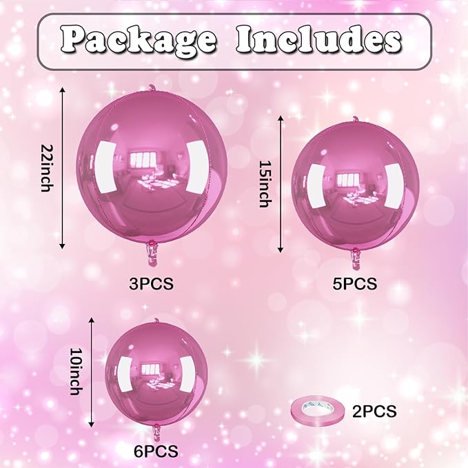 14 Pcs Pink Round Foil Balloons 22/15/10 4D Ball Balloons Light Baby Pink Metallic Balloon Ornament Mylar Balloon Chrome for Birthday Graduation Wedding Anniversary New Year Disco Party Decor