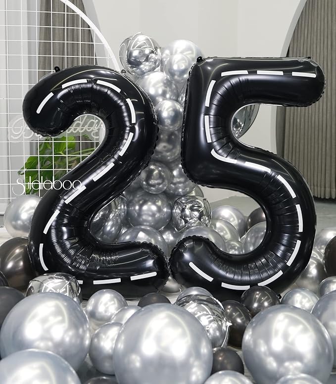 Race Car 40Inch Black 25 Balloon Number Large Helium Race Track 0-9 Giant Digital 25th Foil Mylar Big Party Number Balloons for Boy Birthday Car Theme Party Anniversary Graduation Decorations