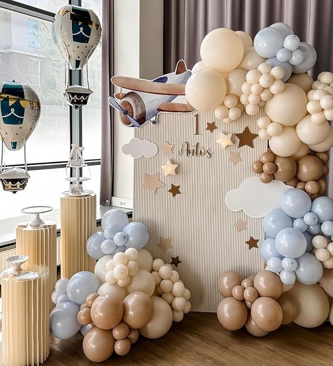 Time Flies Balloon Garland Arch Kit, 155pcs Brown Blue Beige and Airplane Cloud Star Foil Balloons for How Time Flies First Birthday Travel ONEderful World Airplane Party Baby Shower Decorations