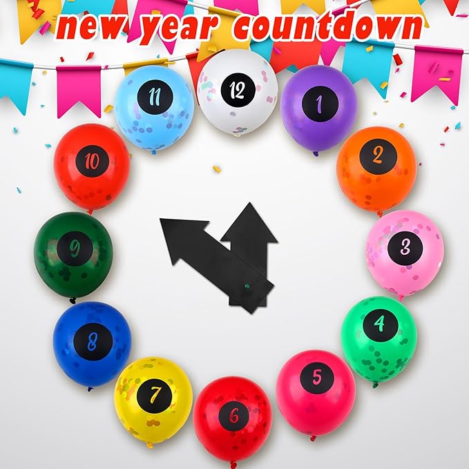 14 Pcs New Year Eve Party Decor Kit Wall Clock Countdown Balloons Set with Confetti Inside, Multicolor Numbers a Full Countdown Celebration Picture Ready Wall for Year End Decor Celebration