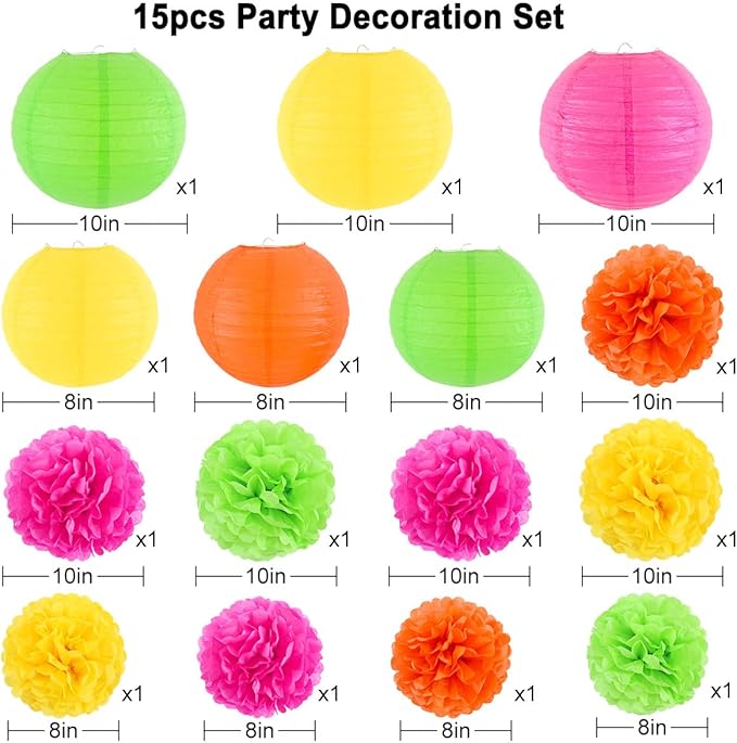 zilue Glow in the Dark Party Supplies, Paper Lanterns and Pom Poms Flowers for Birthday Party Baby Shower Wedding Shower Decor Pack of 15 Pieces