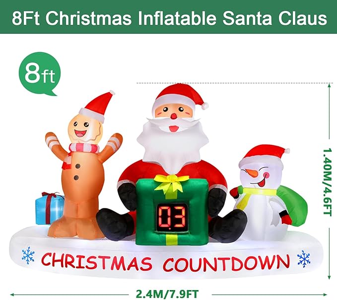 Alupssuc 8 FT Christmas Inflatable Outdoor Decorations with LED Christmas Countdown Clock, Snowman Santa and Gingerbread Man, Lighted Blow Up Lawn Yard Clearance for Indoor Xmas Holiday Party Decor