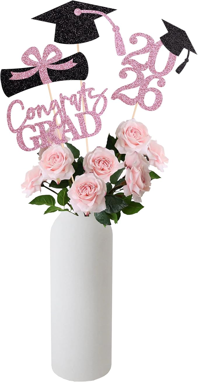 Gexolenu 16 PCS Pink and Black Double-Sided 2026 Graduation Centerpieces for Tables, 2026 Table Toppers Party Centerpiece Sticks Party Supplies, Graduation Party Decorations Class of 202, Set of 4
