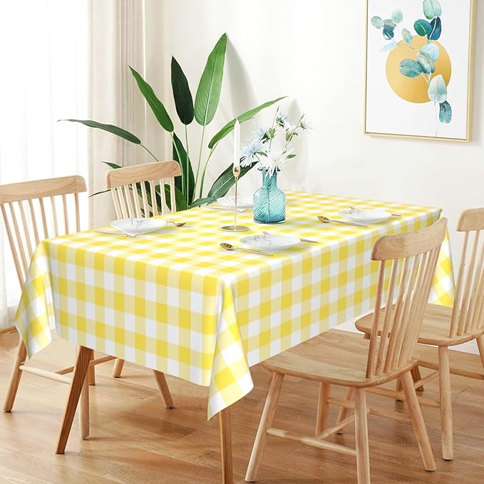 Mulbozy 2 Pcs Yellow and White Checkered Tablecloth, 54 × 108 inches Disposable Yellow Plaid Table Covers Plastic Gingham Tablecloth for Outdoor Picnic Birthday Baby Shower Holdiay Party Decoration