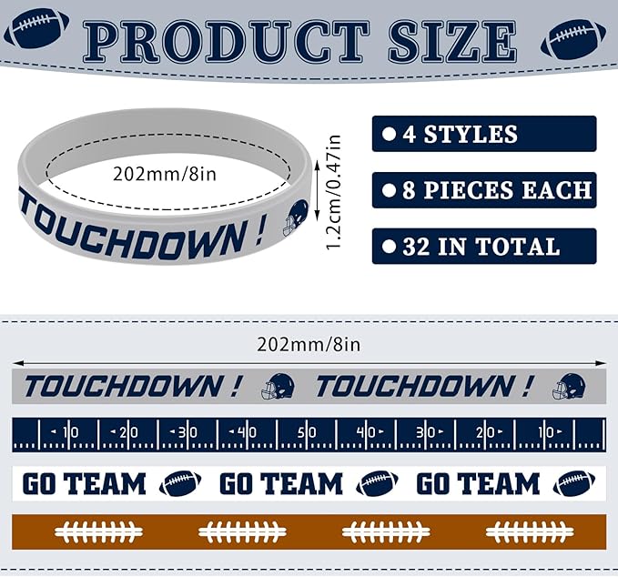 Deekin 32 Pcs Football Wristband Silicone Bracelets Football Party Favor Bracelet Motivational Rubber Bracelets for Men Women Fan Party Favors Sport Theme Birthday Supplies Gifts(Classic)