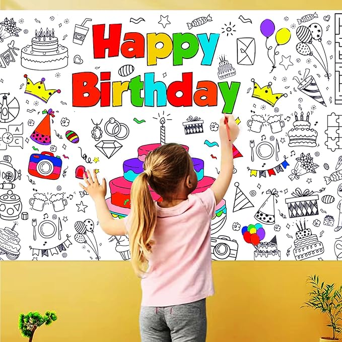 JUNQIU Happy Birthday Coloring Tablecloth, 72 * 31Inch Giant Coloring Poster for Kids, Color Paper Roll for Party Activities/Game/Birthday Party Games/Birthday Crafts for Kids