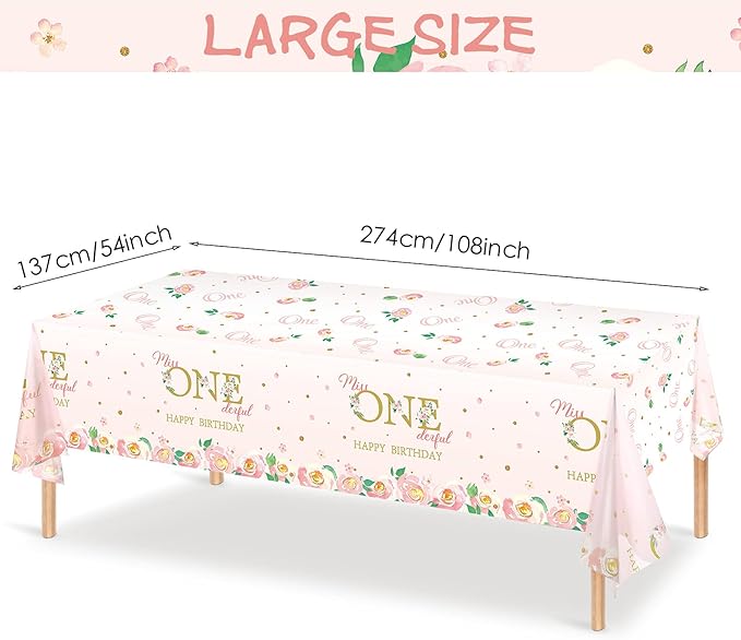 Tatuo 3 Pieces 1st Birthday Party Tablecloth Flower One First Birthday Table Cover Disposable Floral Miss Onederful Plastic Tablecloth for Kids Baby Shower Party Decoration Supplies, 54 x 108 Inch